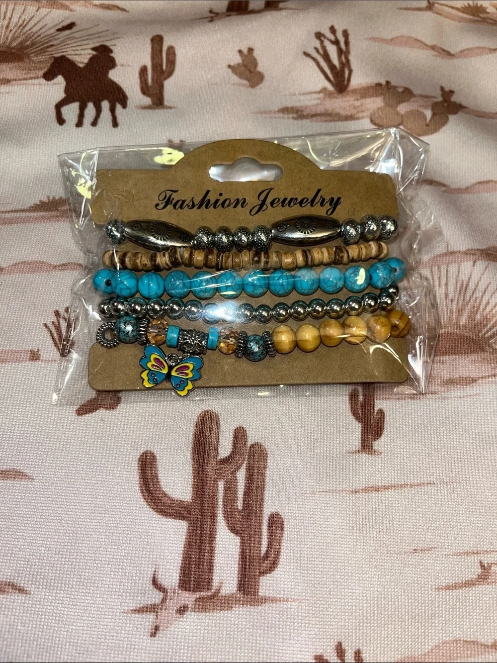 Fashion Jewelry Turquoise and Yellow Beaded Bracelet Stack with Butterfly Charm